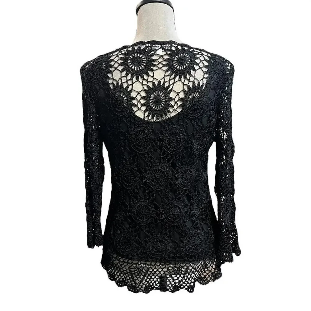 VTG 90s Joseph A. Black Open Knit Crochet Bell Sleeve Whimsygoth Blouse XL/L